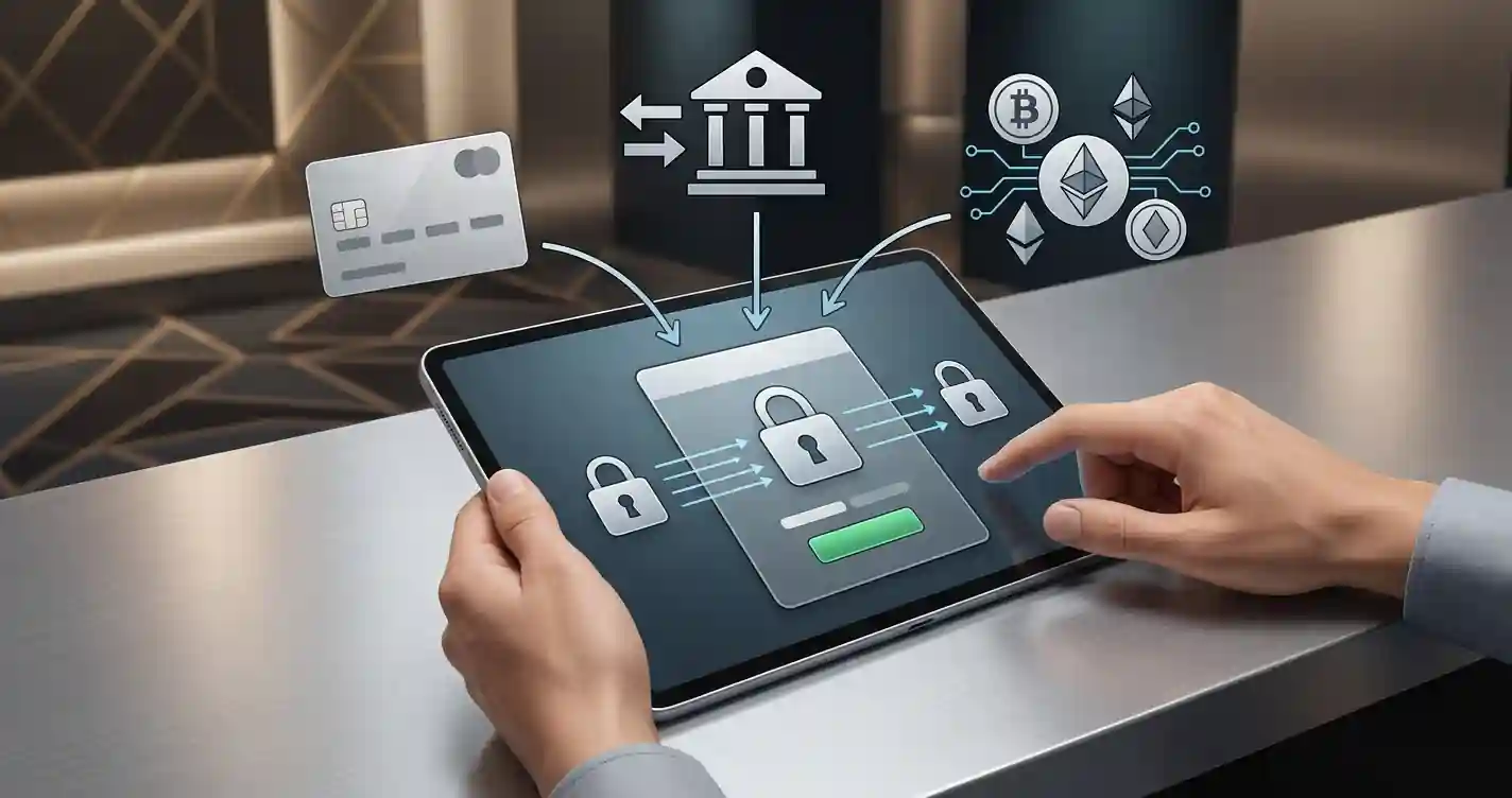Editoriale illustratie van kaartbetaling, bankoverschrijving en cryptobetaling zonder iDEAL als bevestigd FoxyGold-betaalmiddel