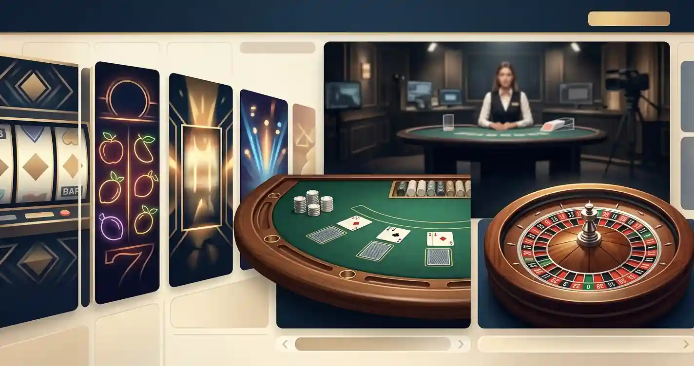 Editoriale collage van slots, blackjack, roulette en live dealer elementen in een neutrale digitale spelbibliotheek