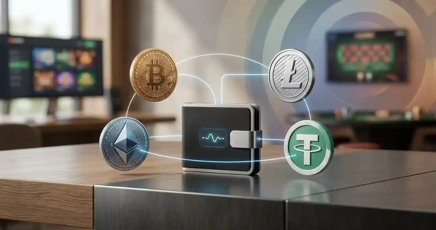 Redactionele illustratie van Bitcoin, Ethereum, Litecoin en Tether rond een neutrale digitale wallet met eurocontext