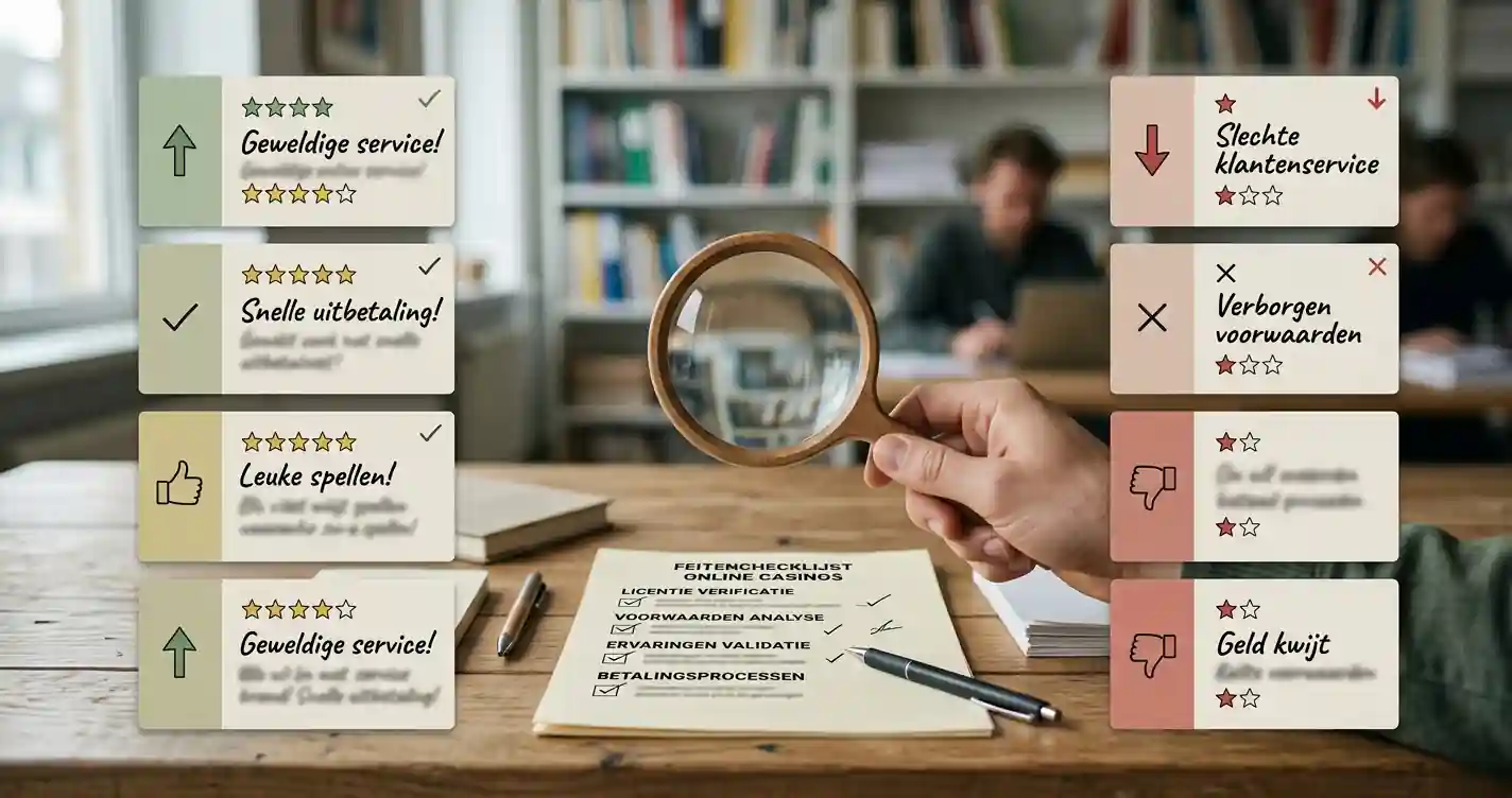 Illustratie van positieve en negatieve reviewkaarten naast een neutrale checklist voor feitencontrole
