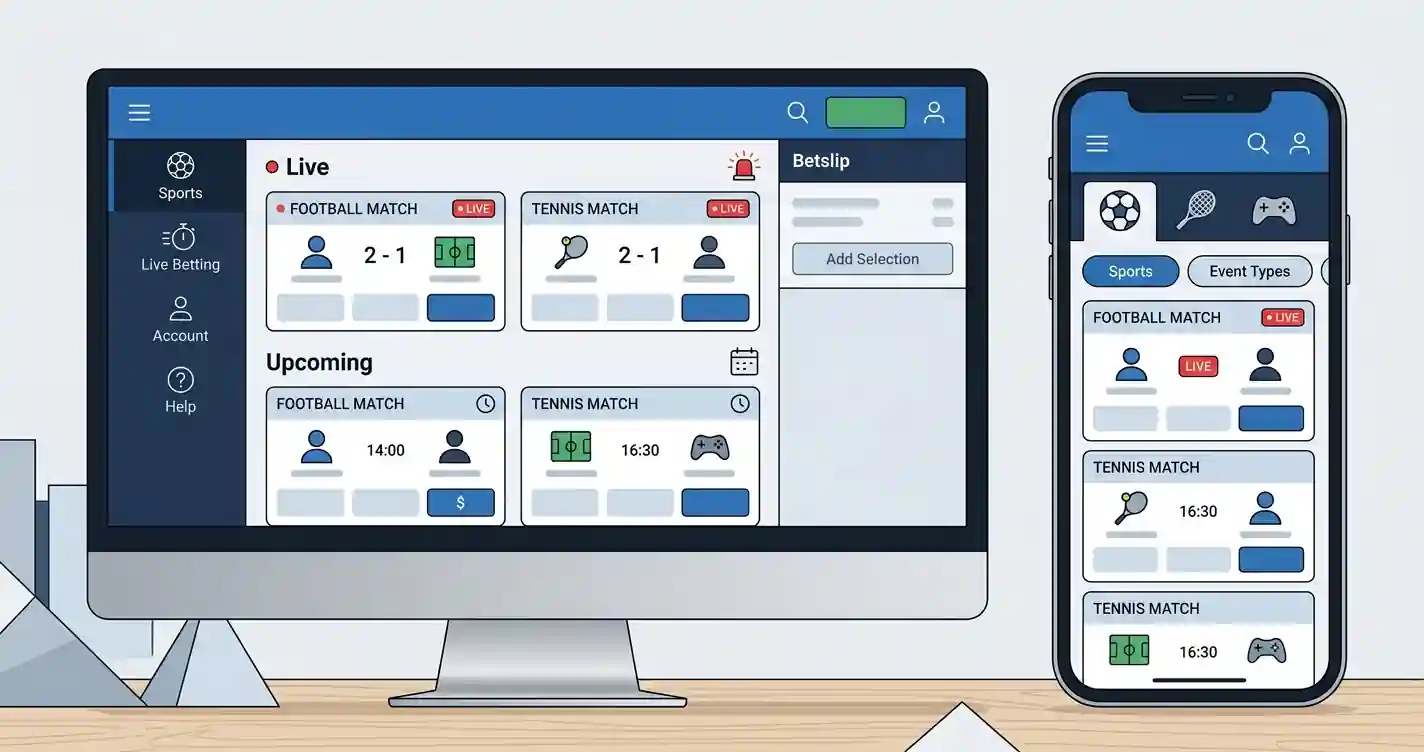 Editoriale illustratie van een neutrale sportsbook-interface met voetbal, tennis en eSports op mobiel en desktop