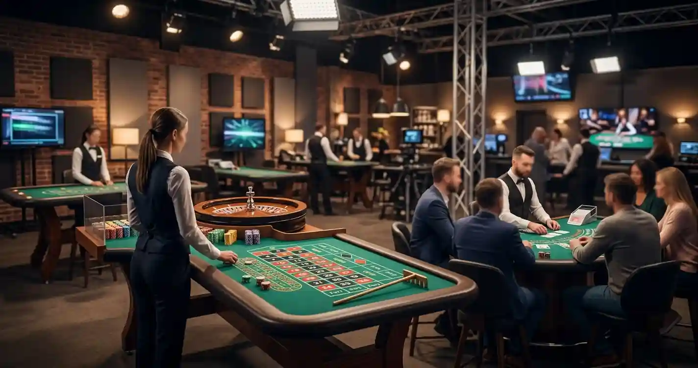 Neutrale editorial illustratie van een live casino met dealer, roulette- en blackjacktafel zonder echte merkinterface