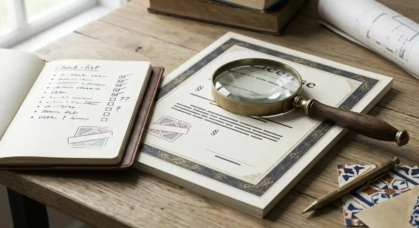 Illustratie van vergunningcontrole met document en vergrootglas