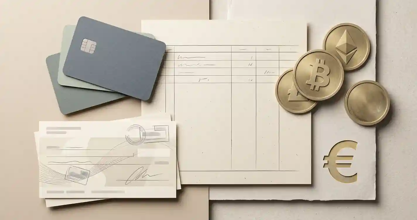 Editoriale illustratie van kaartbetaling, bankoverschrijving, crypto en euro